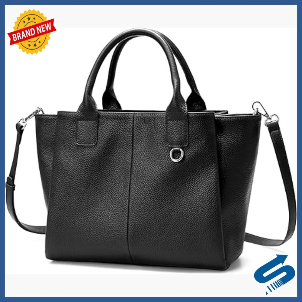 Genuine Leather Tote Satchel with Triple Compartments, Adjustable Strap